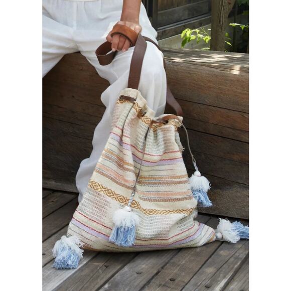 Lovestitch Tan Multicolor Striped Canvas Boho Bag Drawstring Snap Closure - Picture 2 of 16